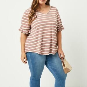 Striped Stretch Knit V-Neck Ruffle Short Sleeve Shirttail Hemline Blouse Tee
